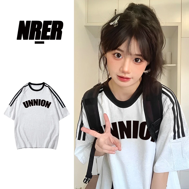 FNFE百搭休闲三条杠短袖纯棉T恤女夏季潮流百搭宽松半袖字母上衣