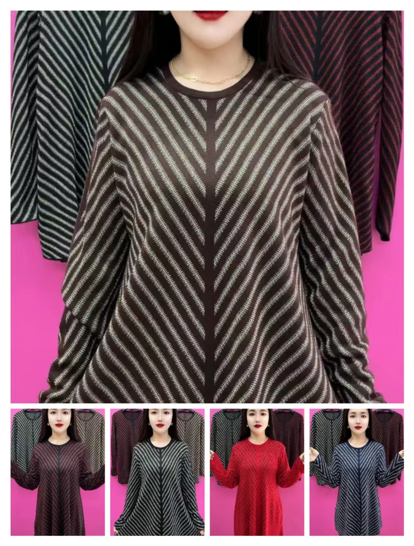 K43-斜条圆领中长款衫