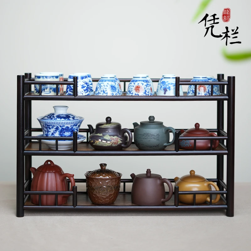 【竹影·雅集专属】凭栏竹制壶架杯架展示架茶道置物架中式轻奢茶具