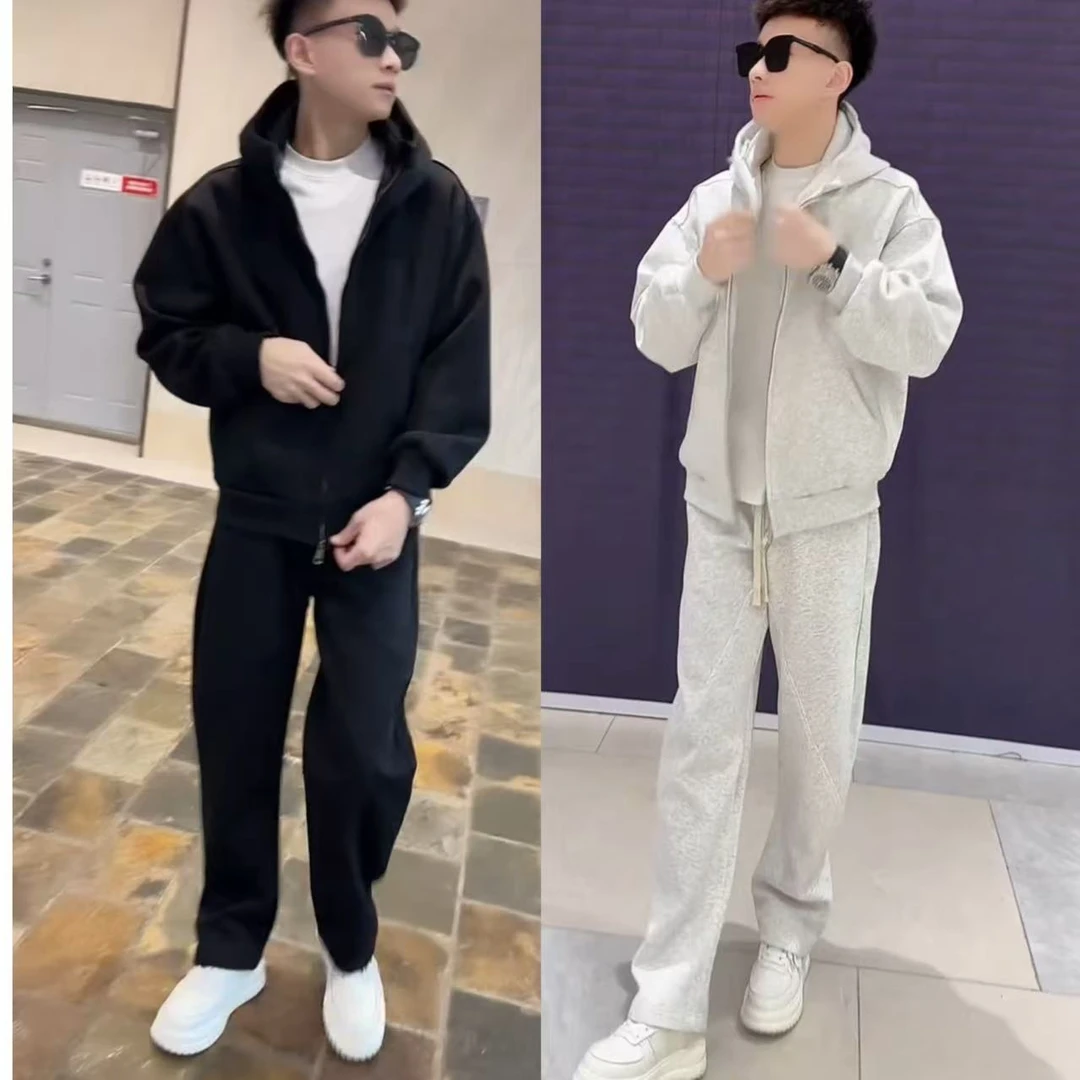 早秋慵懒风简约休闲运动套装男士潮流百搭连帽外套阔腿卫裤两件套