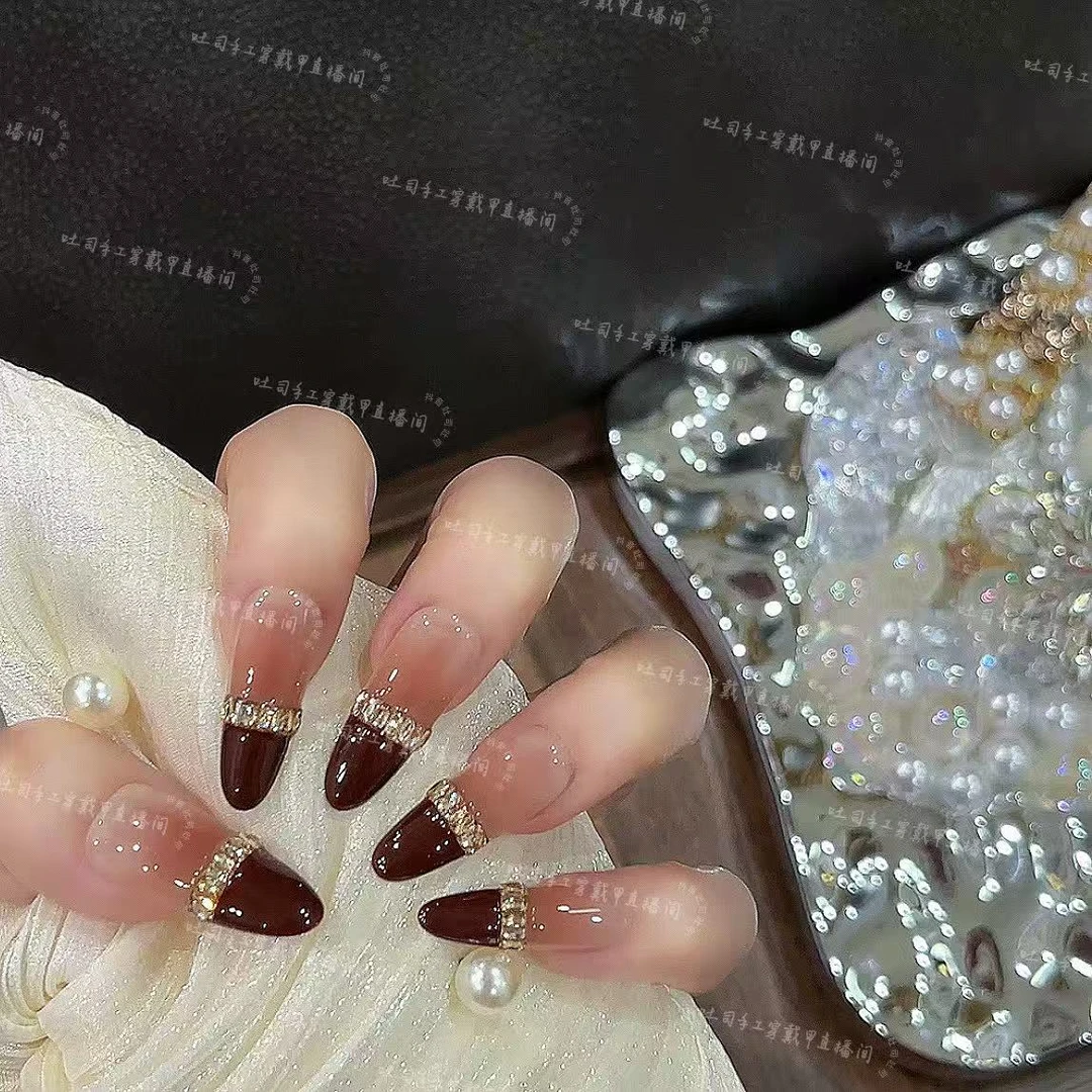 【红色蔷薇】~掉钻包补酒红法式锆石款穿戴甲十片