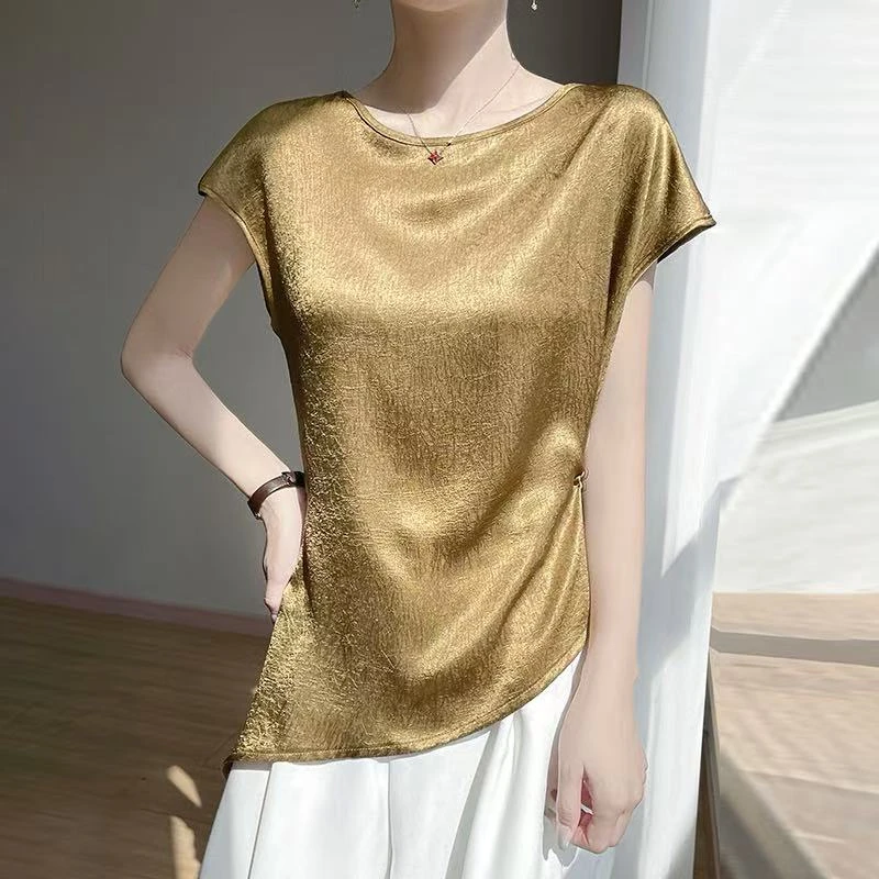 MZ.【久依专属】法式优雅不规则短袖上衣圆领缎面垂顺T恤衫RW-M37