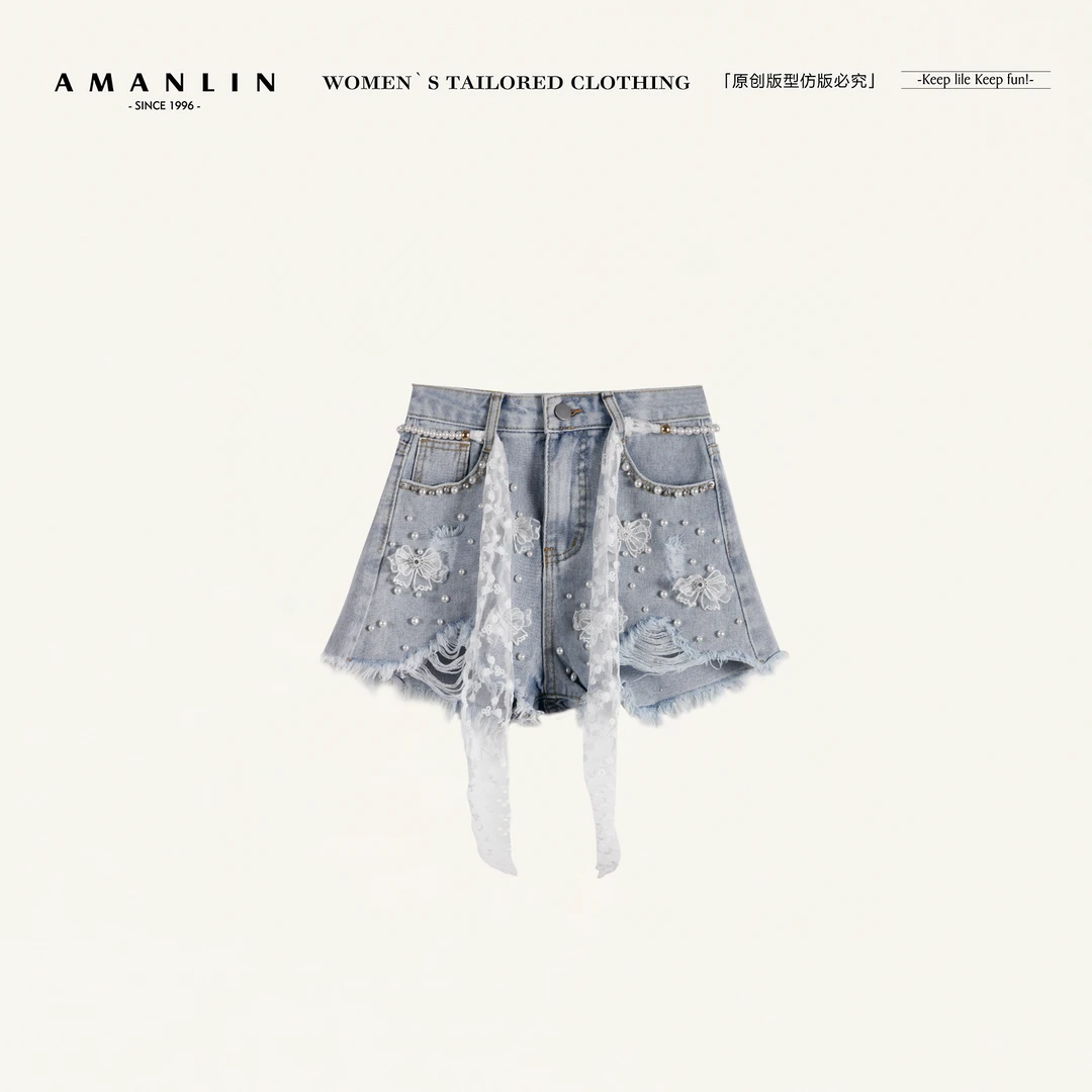 AMANLIN/阿谩琳欧若风春夏新款辣妹裤子女高级感牛仔短裤Y596303