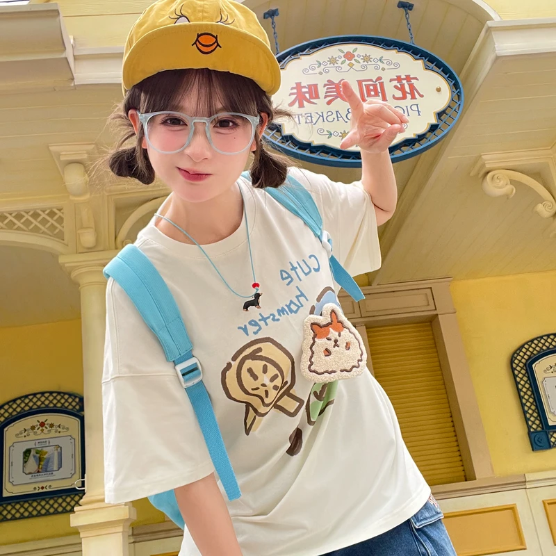 森女部落童趣减龄纯棉设计原创印花夏季新款五分袖上衣宽松T恤女