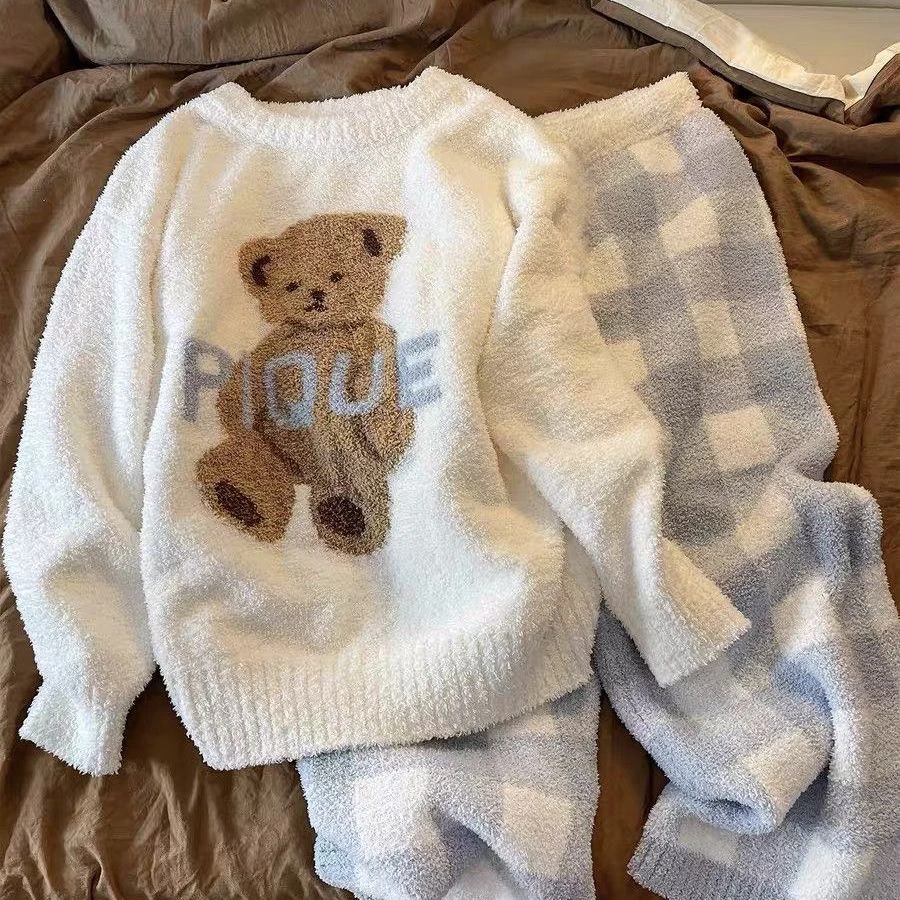 软糯小熊睡衣女秋冬季珊瑚绒圆领可爱卡通少女加绒保暖家居服套装