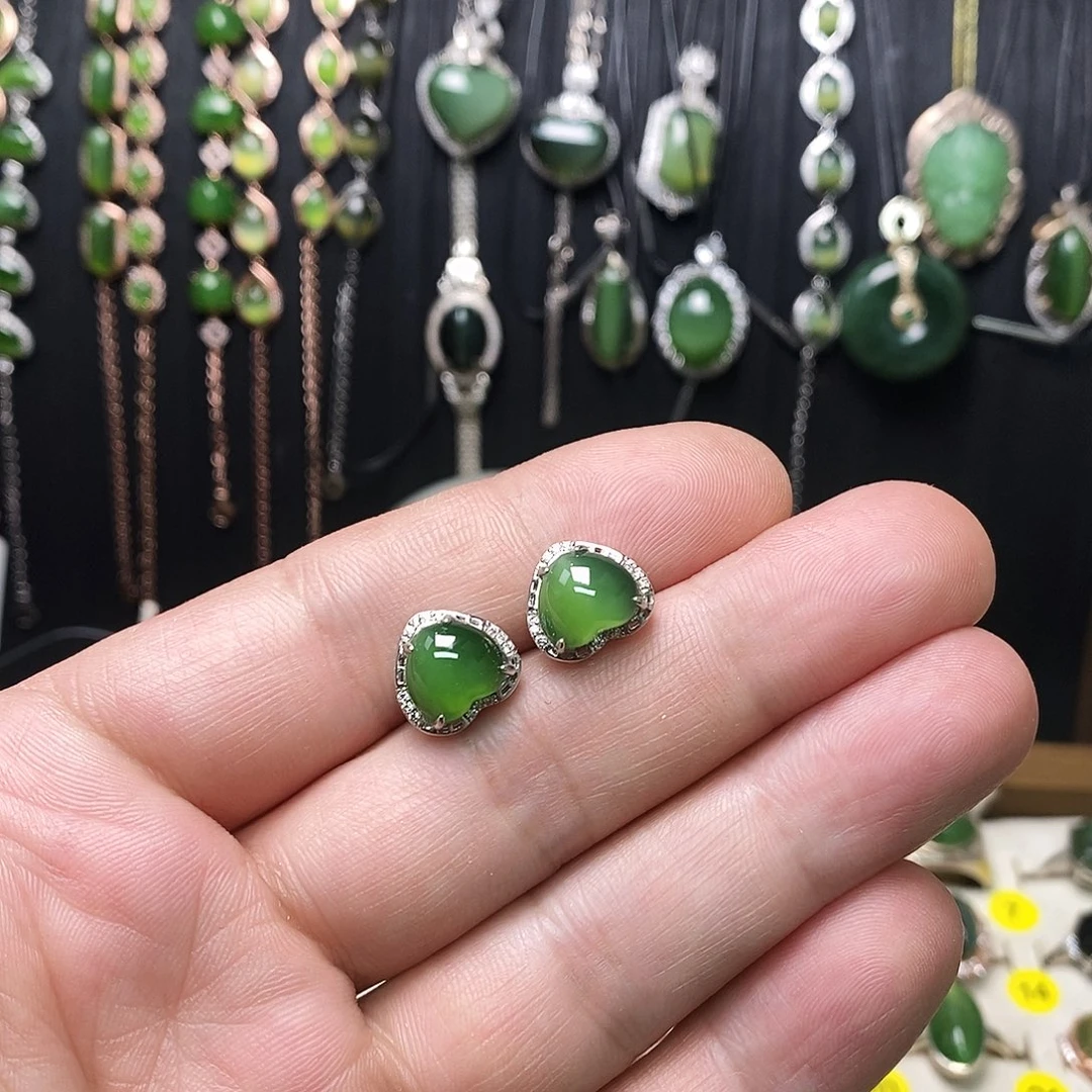 和田玉（碧玉）银S925镶嵌耳饰