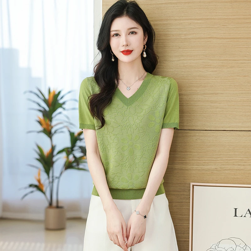 2025新款夏季显瘦遮肚V领提花薄款天丝短袖百搭妈妈大码纯色上衣