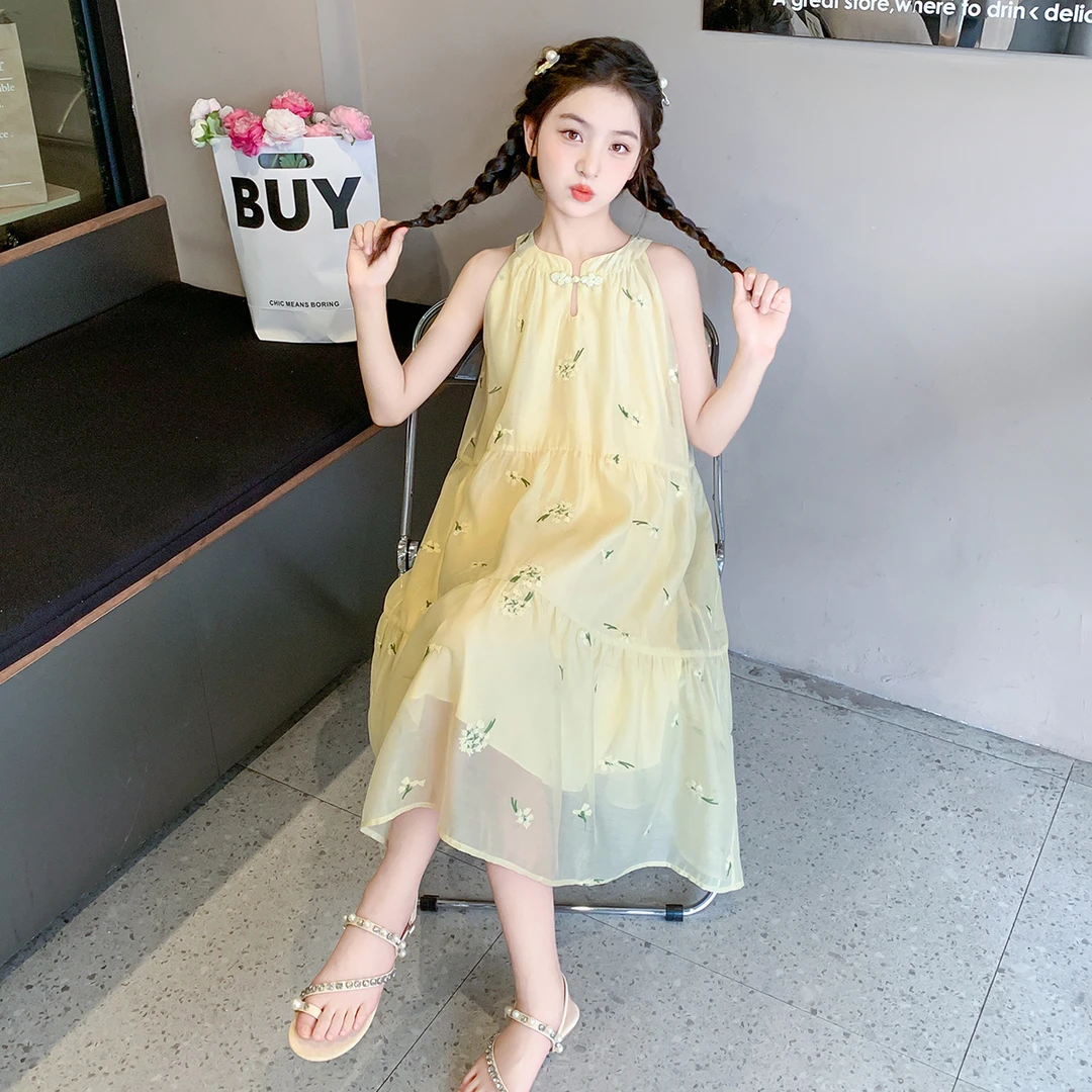 女童连衣裙2025新款夏装中大童洋气无袖露肩夏季女孩吊带裙X61319