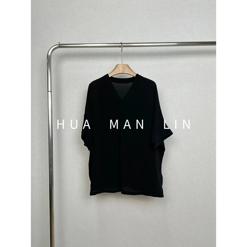 【花满林】V领领口打条鬼绉真丝桑蚕丝短袖上衣5350