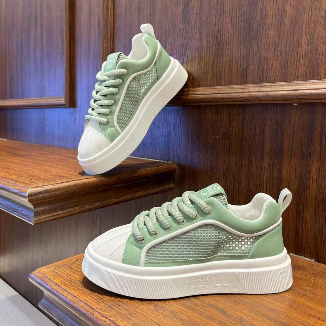 男鞋2025网面薄款夏季时尚百搭休闲板鞋厚底低帮系带小众潮流鞋子
