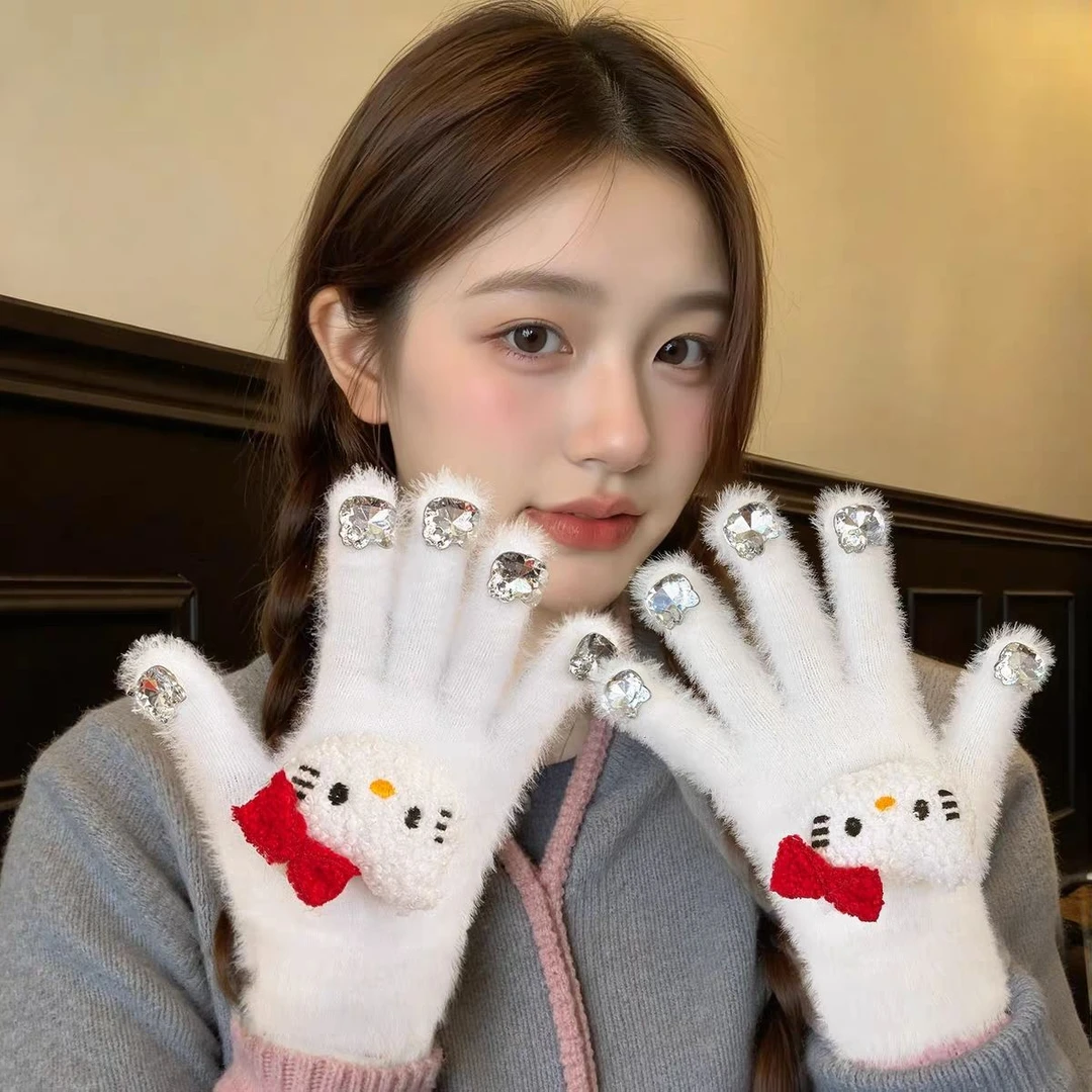 可爱卡通kitty猫咪水钻手套冬季加厚防寒保暖五指套学生骑行骑车Y