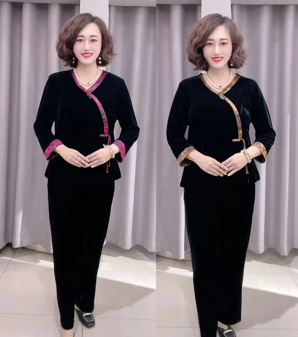 新款复古中国风V领盘扣套装上衣加裤子中年妈妈两件套