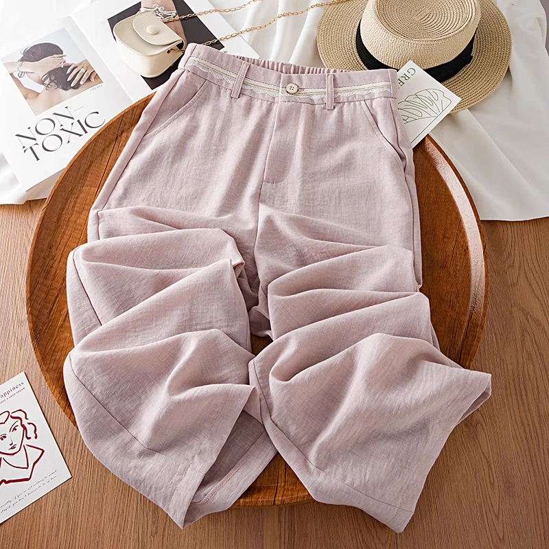 拉夏贝尔蕾丝拼接阔腿裤女夏季薄款2025年新款透气防晒亚麻直筒裤