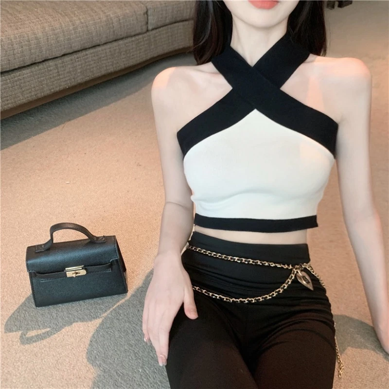 辣妹撞色挂脖针织吊带背心女夏季新款短款修身显瘦无袖外穿上衣潮