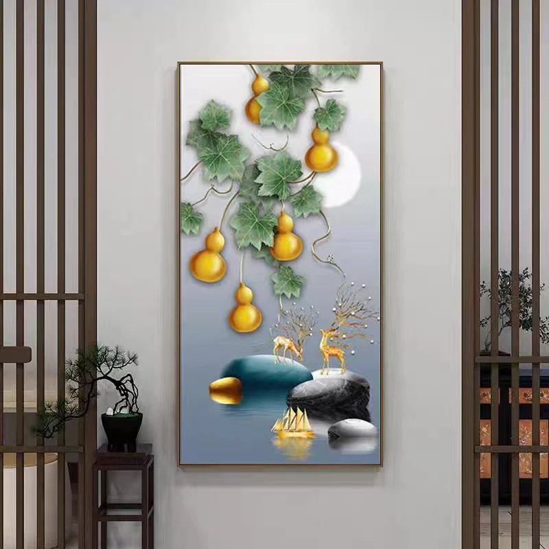 葫芦麋鹿中式福禄双全入户招财玄关装饰画五福临门过道壁画挂画