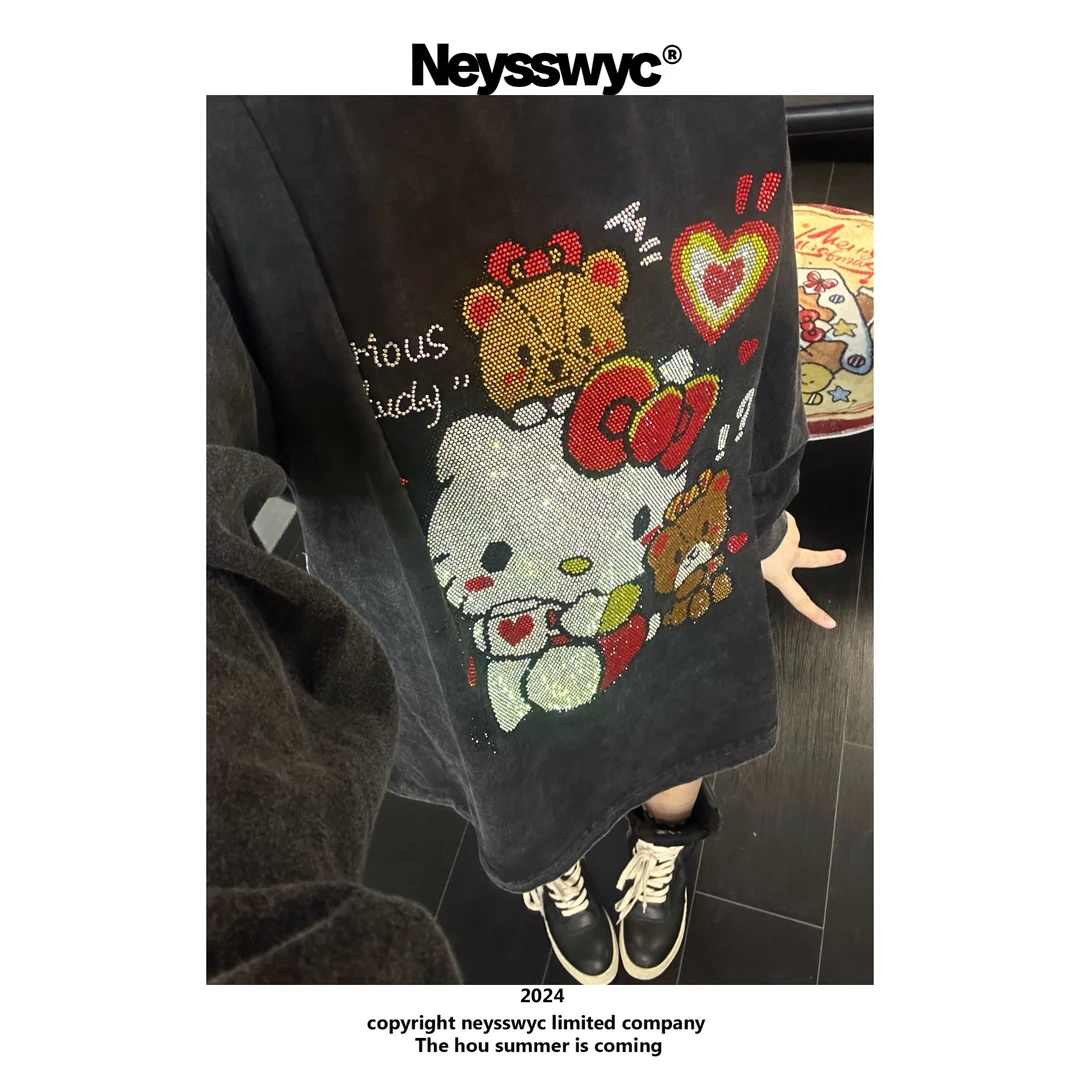 NEYSSWYC 洗水重磅炒雪花黑灰长袖磨毛T恤kT春秋冬宽松休闲bf秋冬