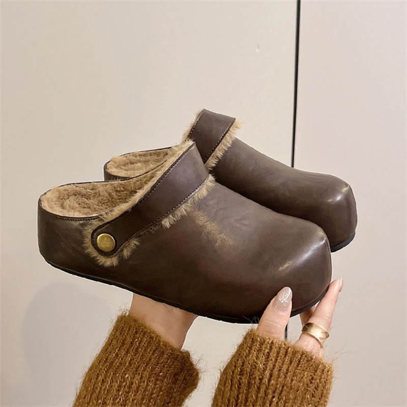 加绒皮质勃肯拖鞋女秋冬季新款巨好看时尚洋气爆款内增高包头拖鞋