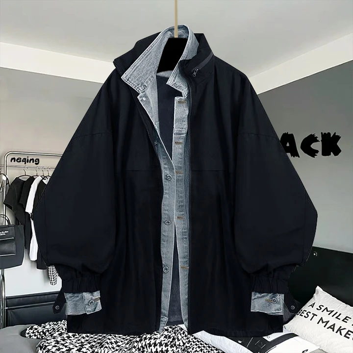 早秋假两件双层内衬外套男潮流宽松百搭夹克港风复古休闲翻领工装