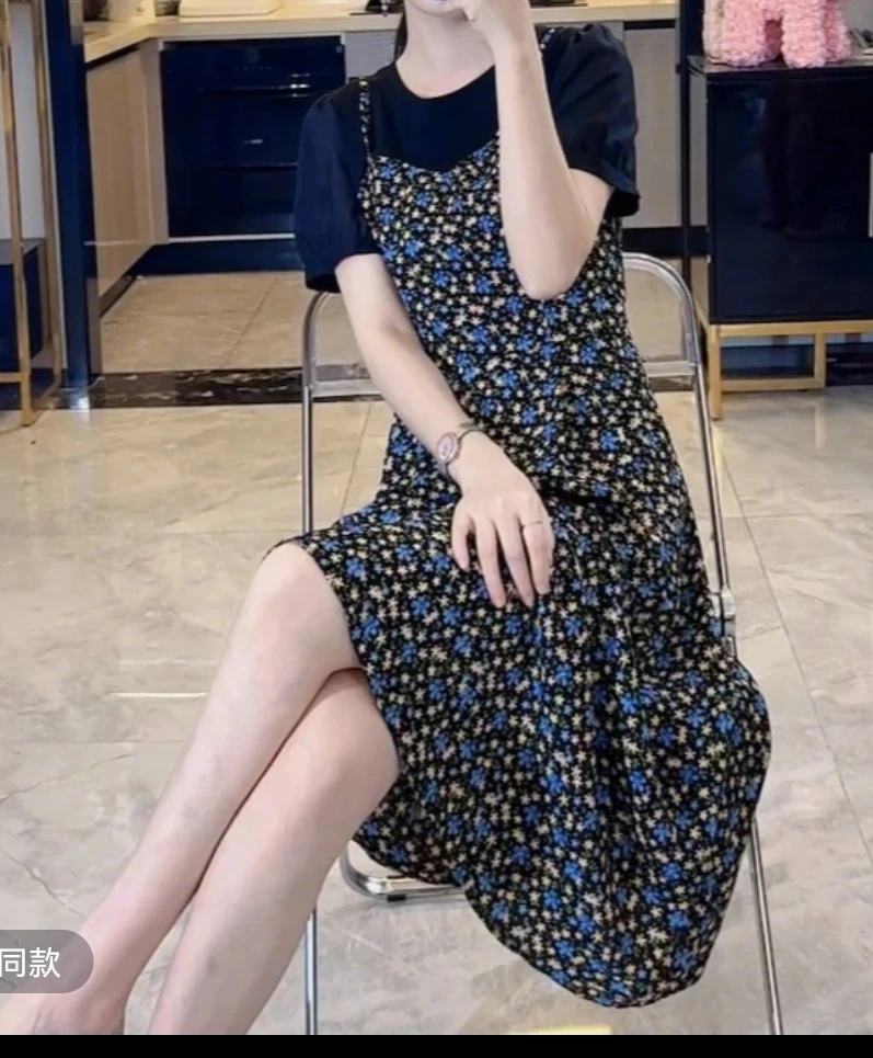 25175夏季宽松法式吸汗套头圆领长裙拼接假两件连衣裙韩版长袖