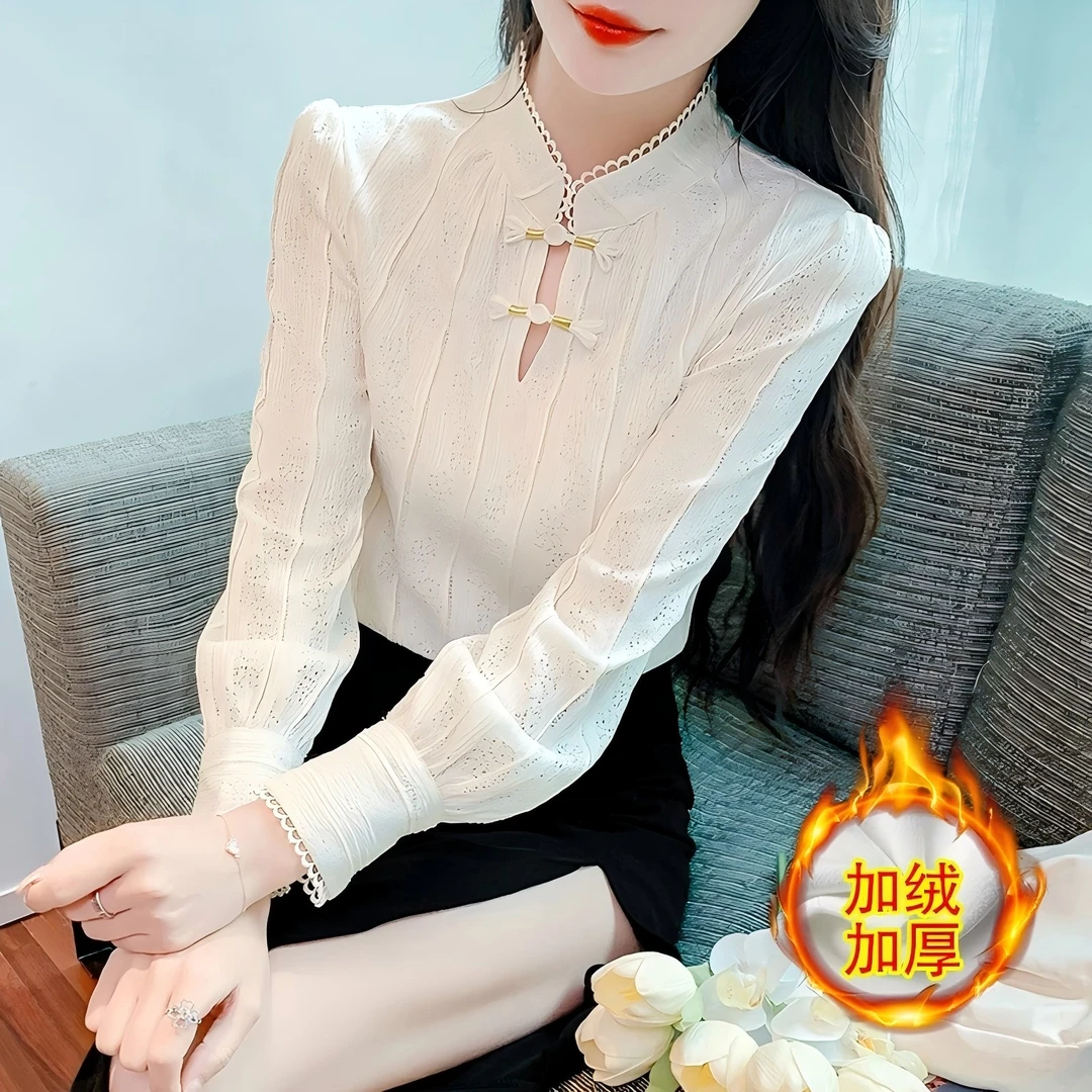 2025中式复古立领盘扣衬衫女早春加绒内搭小衫洋气上衣