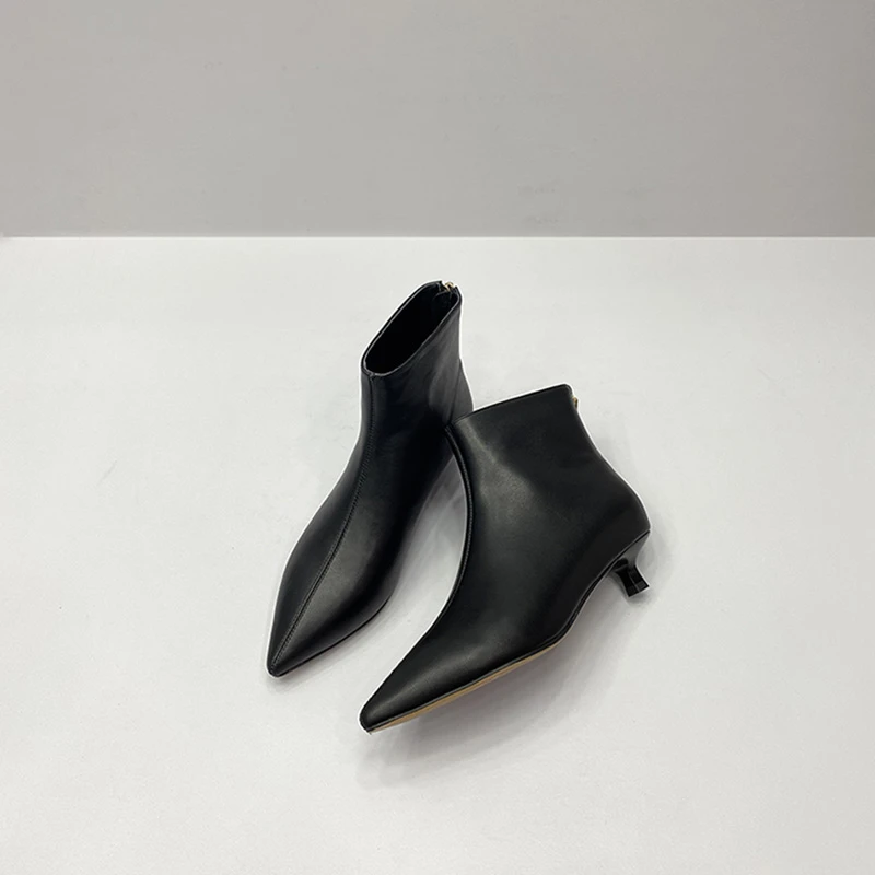【跟高3.5CM】胎牛版 气质真皮尖头短靴女低跟时尚瘦瘦靴百搭裸靴