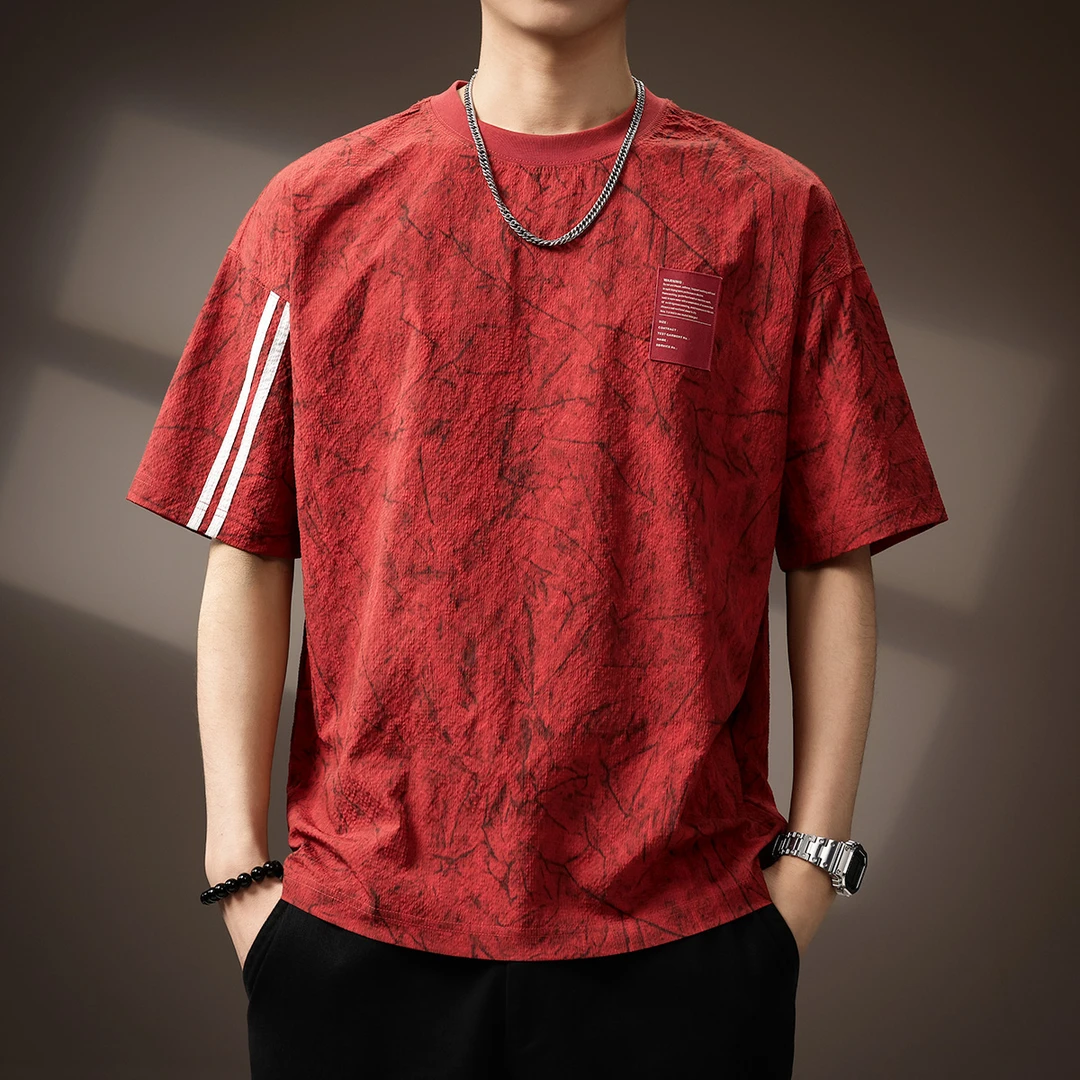 高端冰丝凉感条纹短袖T恤男夏季薄款宽松圆领泡泡纱五分袖体恤男