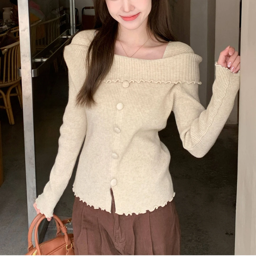 十二针miu系一字肩木耳边针织打底衫女秋冬纯欲内搭毛衣洋气上衣