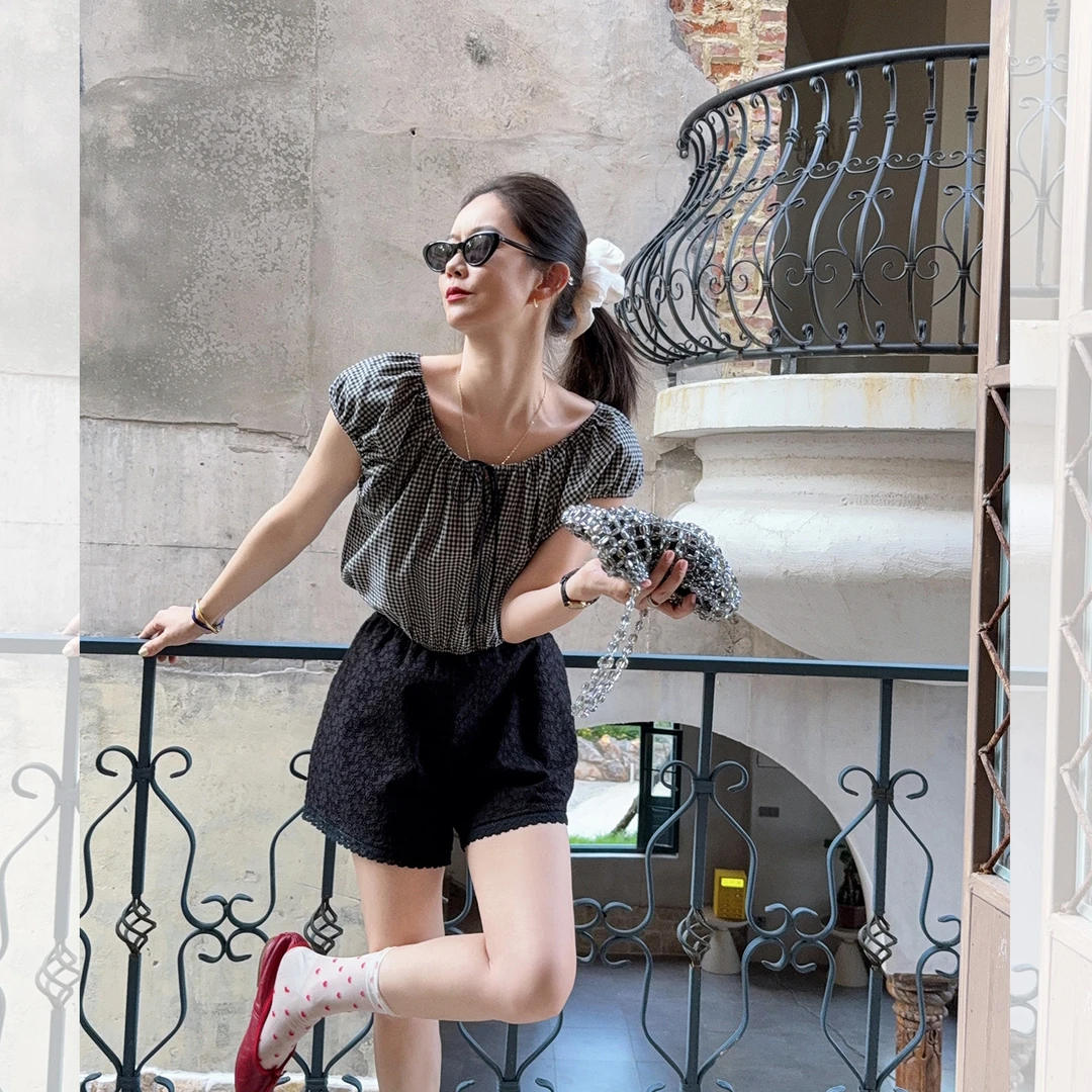 莉贝琳sisy普罗旺斯小衫复古感格纹碎花泡泡袖短上衣S25103LS12