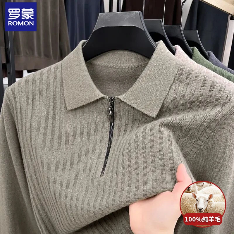 罗蒙高档半拉链翻领100%绵羊毛衫加厚保暖商务休闲亲肤针织毛衣男