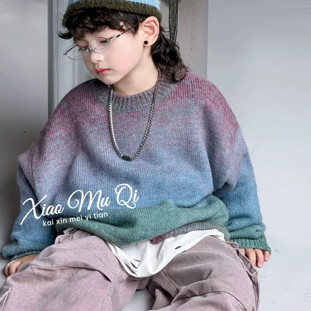 韩系毛衣男童2025冬季加厚韩版儿童时尚款针织衫中大童渐变爆款潮