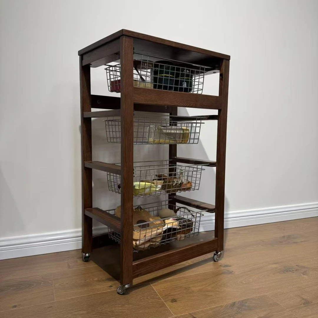 K017北美红橡木置物架静音轮落地客厅家用简约