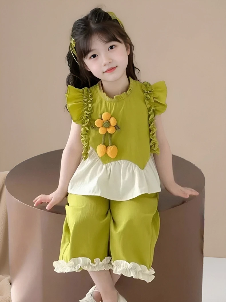 新款夏季女童套装洋气女孩童装休闲风纯色夏季小童时尚款