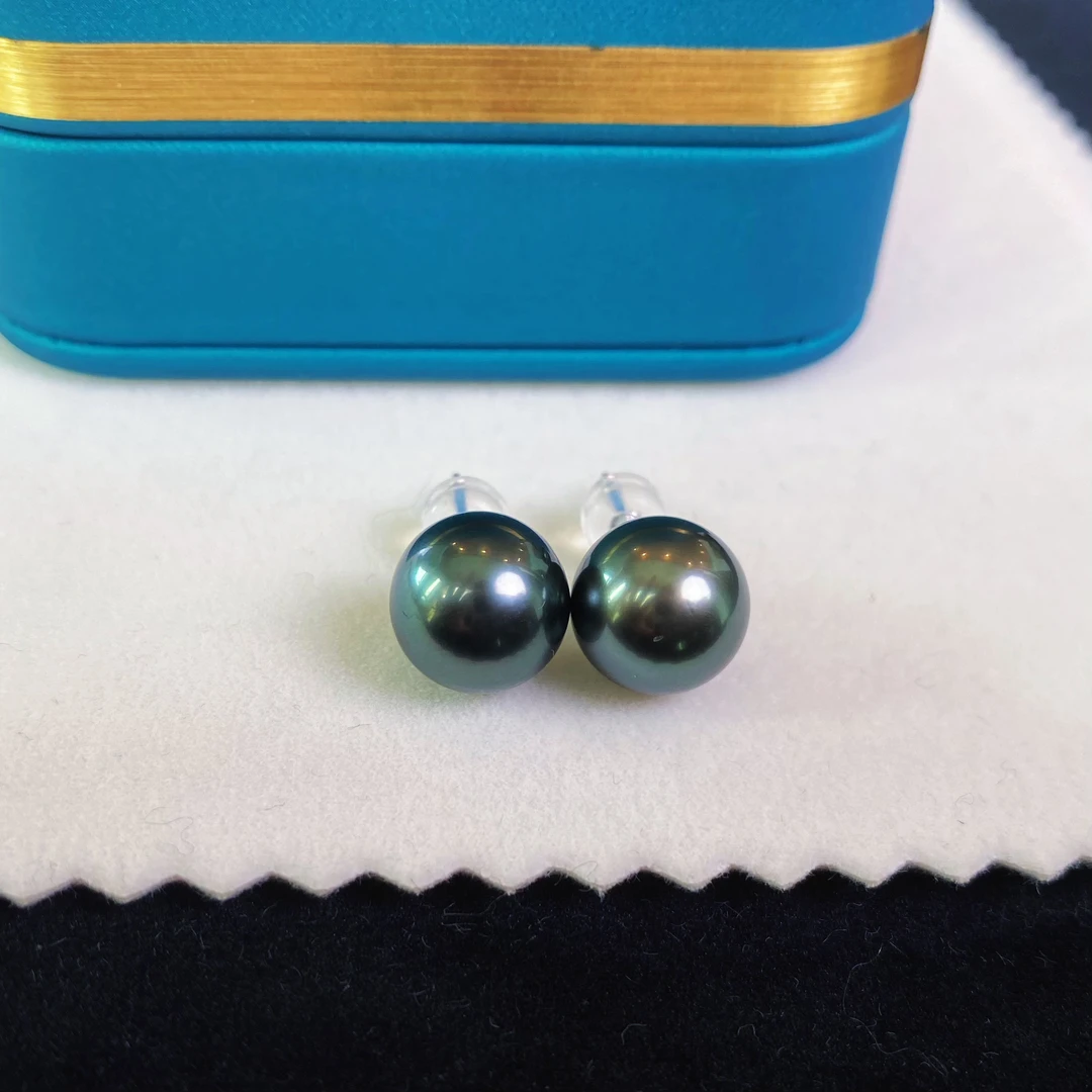 极光孔雀蓝10-11mm大溪地黑珍珠耳钉正圆18k金黑色海水珍珠耳饰