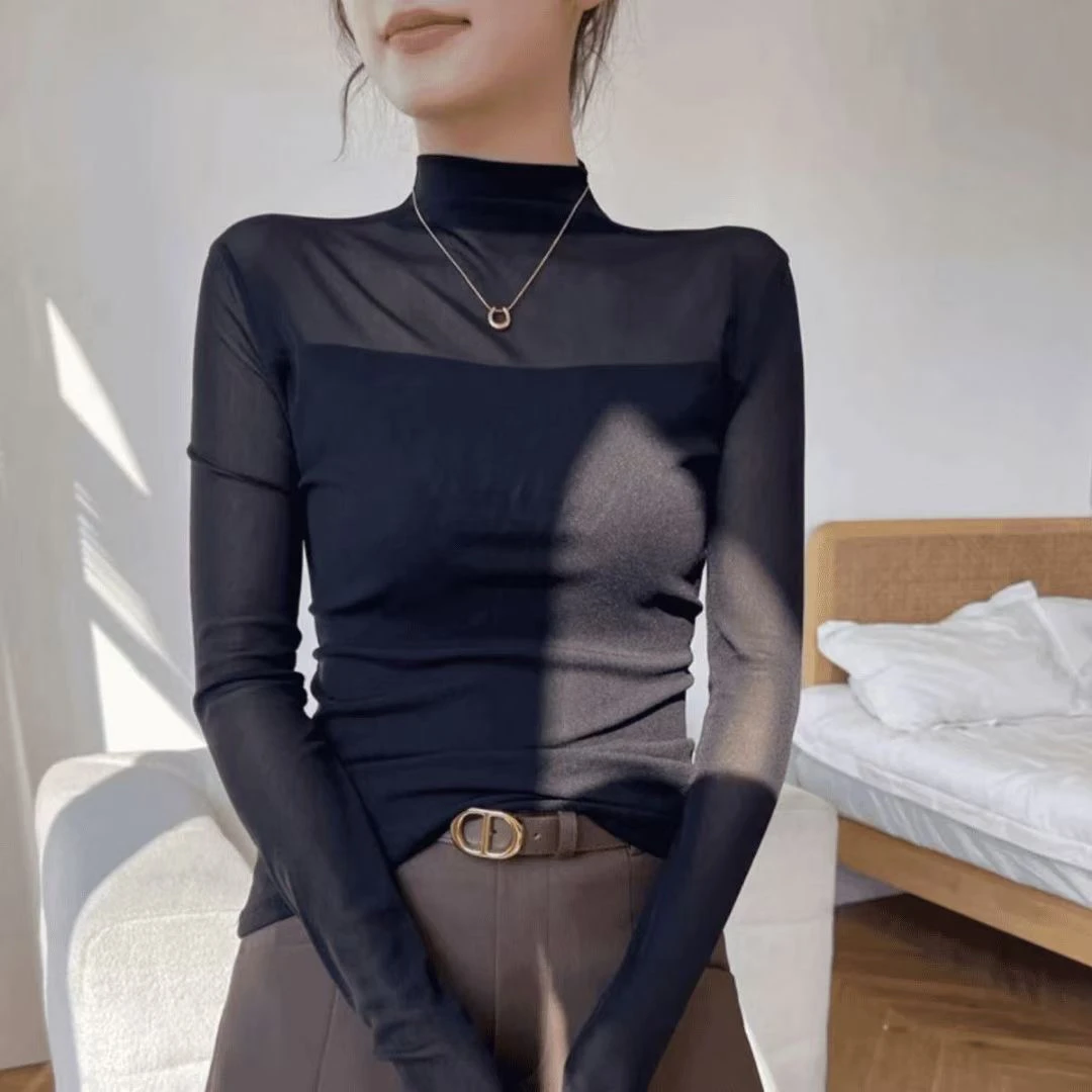 半高领网纱黑色打底衫女长袖2025新款春装t恤内搭外穿高级感上衣