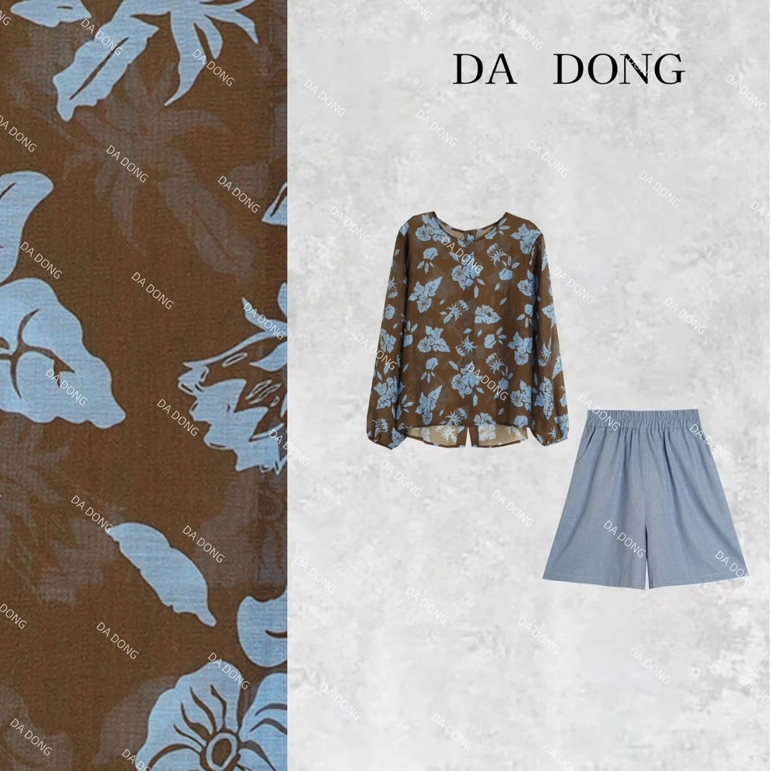 蓝花--新中式国风气质碎花时尚休闲夏季圆领提花长袖短裤宽松套装