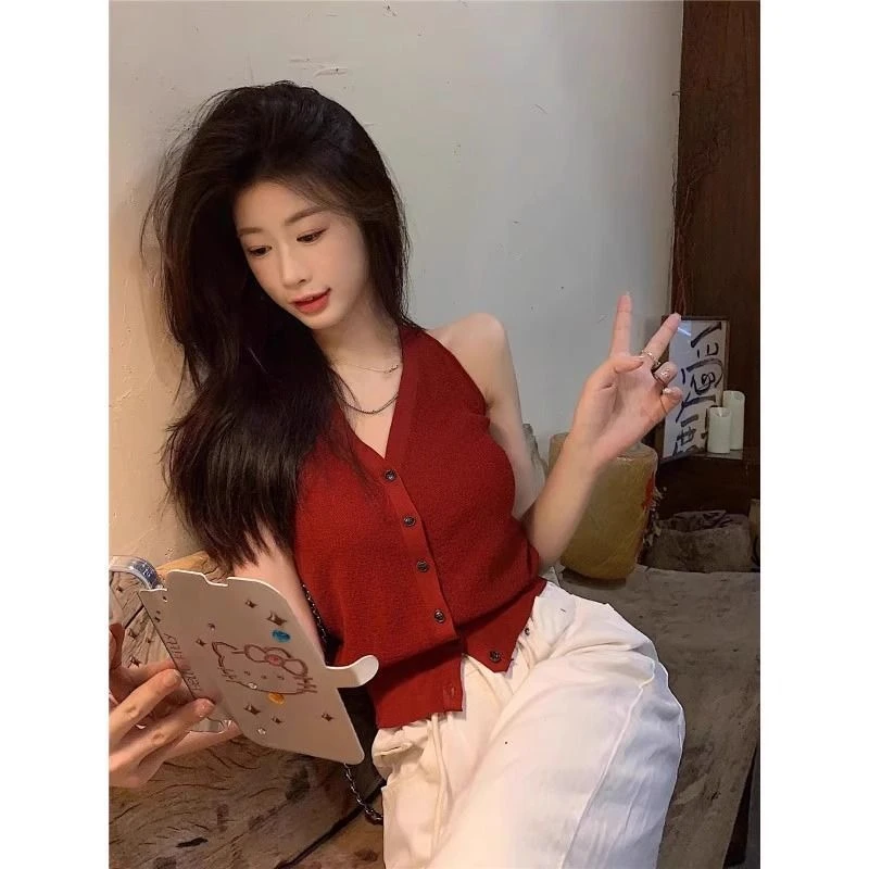BX264#爆款显白挂脖红色针织吊带背心女春季2025新款短款修身单排