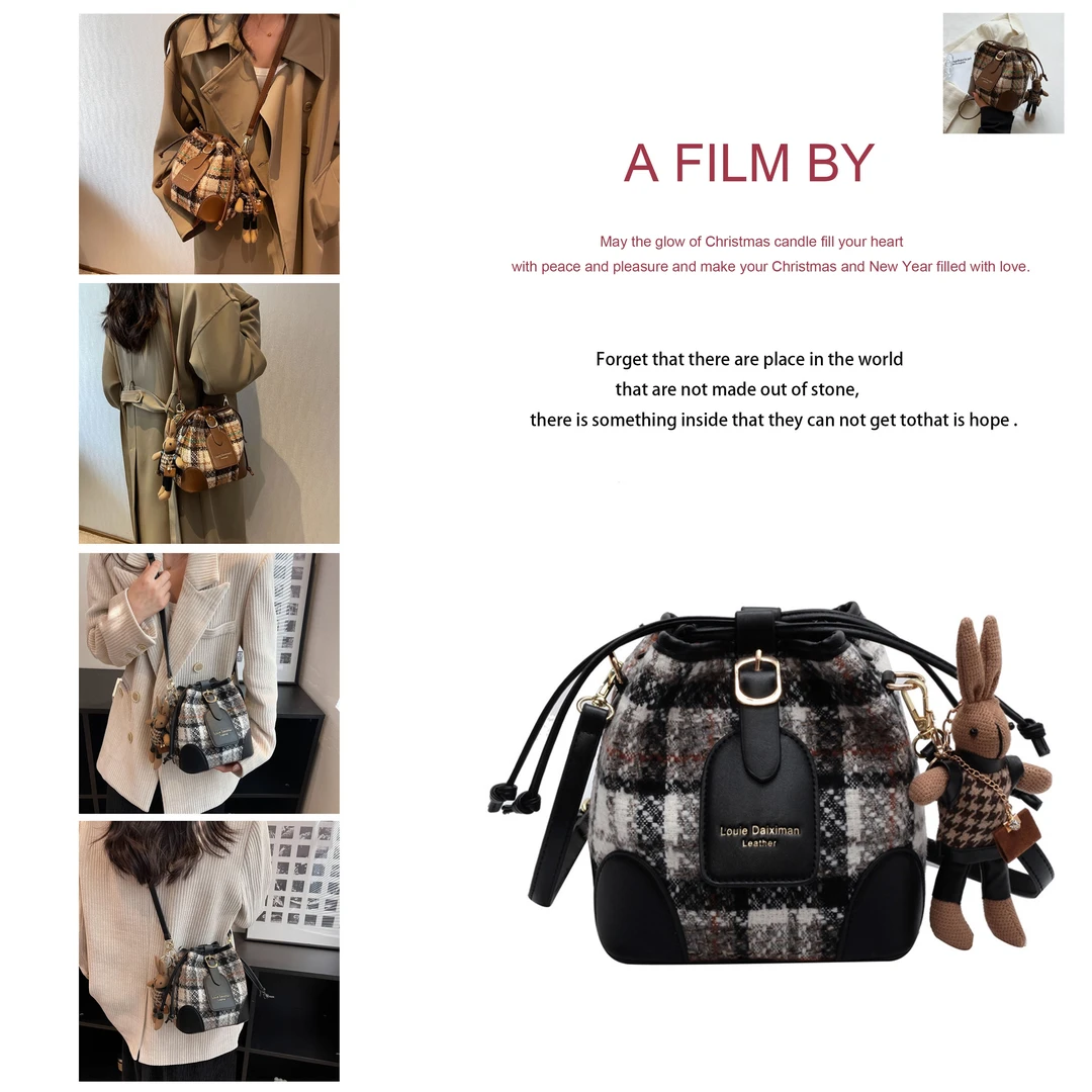 高级感百搭斜挎水桶单肩小包包女2025春季新款潮格纹爆款通勤女包