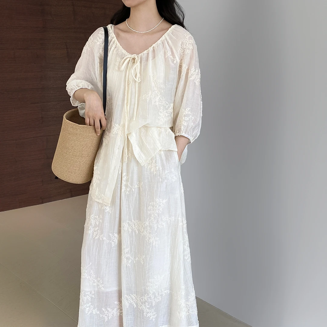 1556#文艺温柔蕾丝刺绣上衣女半身裙套装女夏两件套女装夏高级感