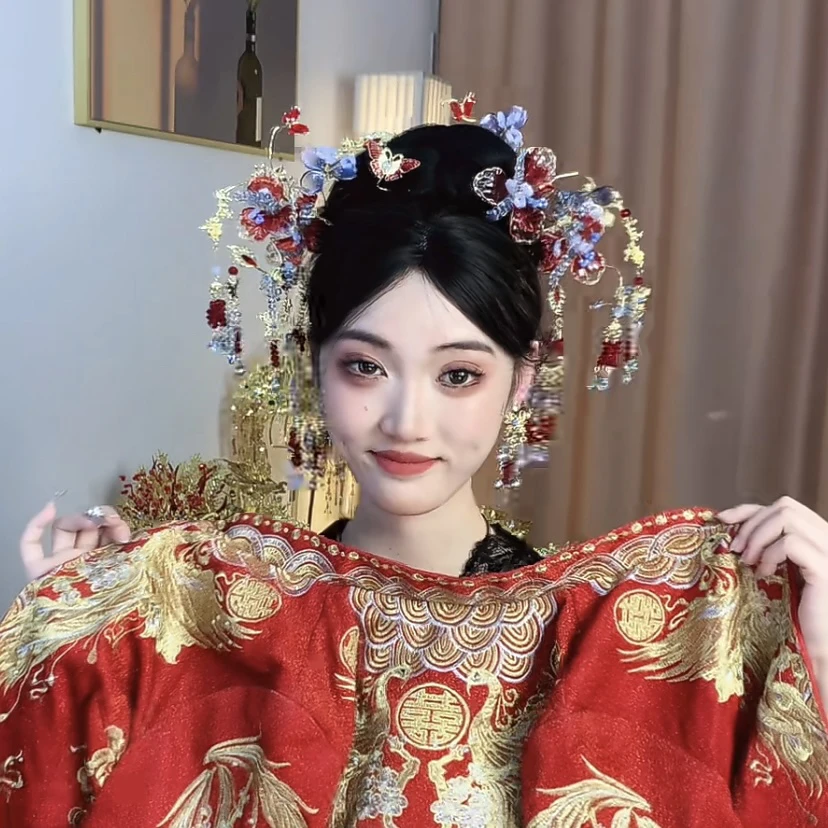 Z8119新款红蓝撞色新中式龙凤褂古典婚礼贵气减龄新娘跟妆饰品