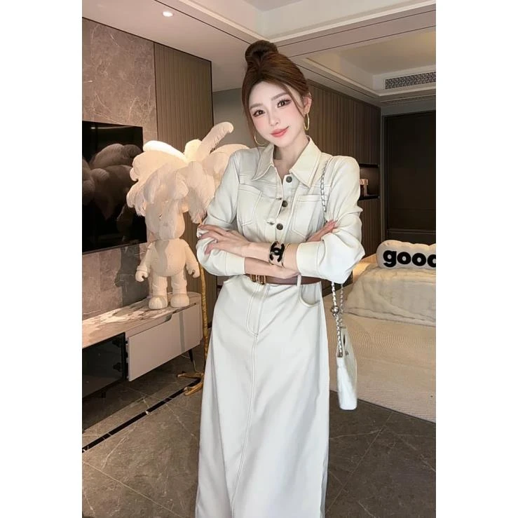 新款法式复古长袖连衣裙女慵懒风气质收腰工装长裙子时尚小众设计