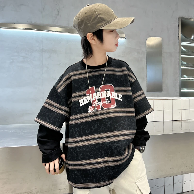 男童长袖t恤春秋款2025新款儿童秋装大童男孩秋季假两件条纹上衣