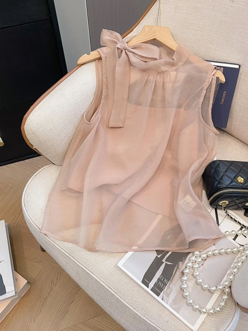 夏季新款时尚设计感网纱侧肩绑带无袖背心女装法式气质百搭上衣潮