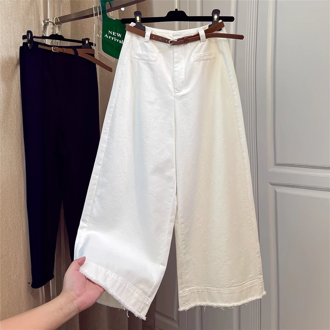 2025秋季款白色毛边高腰宽松中裤阔腿八分九分小个子直筒牛仔裤女