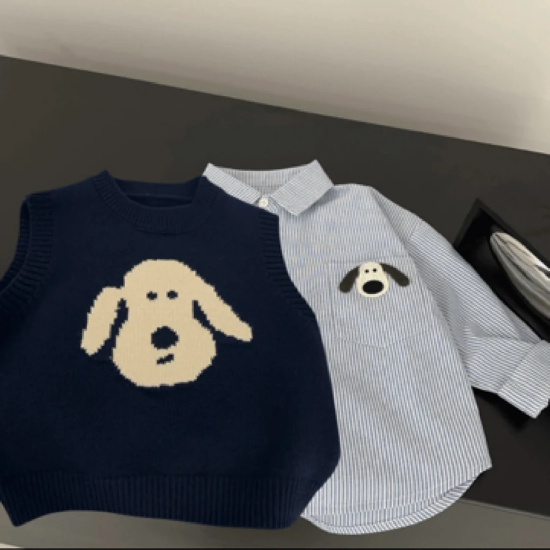 2025秋季中小童韩版套头圆领卡通动漫针织衫马甲学院衬衫时尚套装