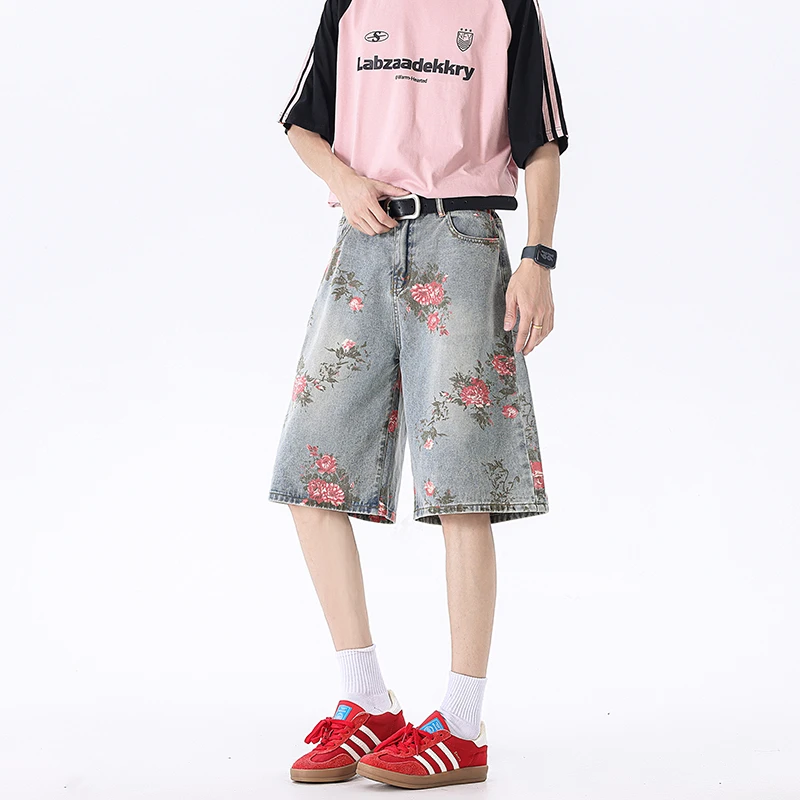 PAKA美式满印花卉牛仔短裤男夏季百搭中裤宽松vibe痞帅五分裤子