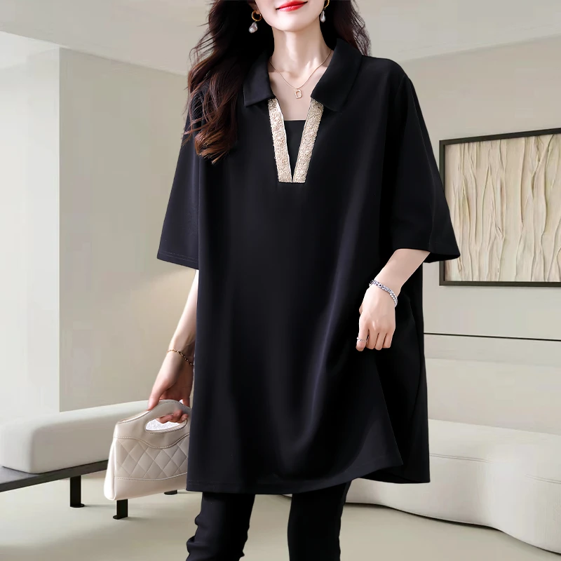 衬衣中长款2025秋夏装高级感洋气简约重工刺绣长款衬衫领上衣