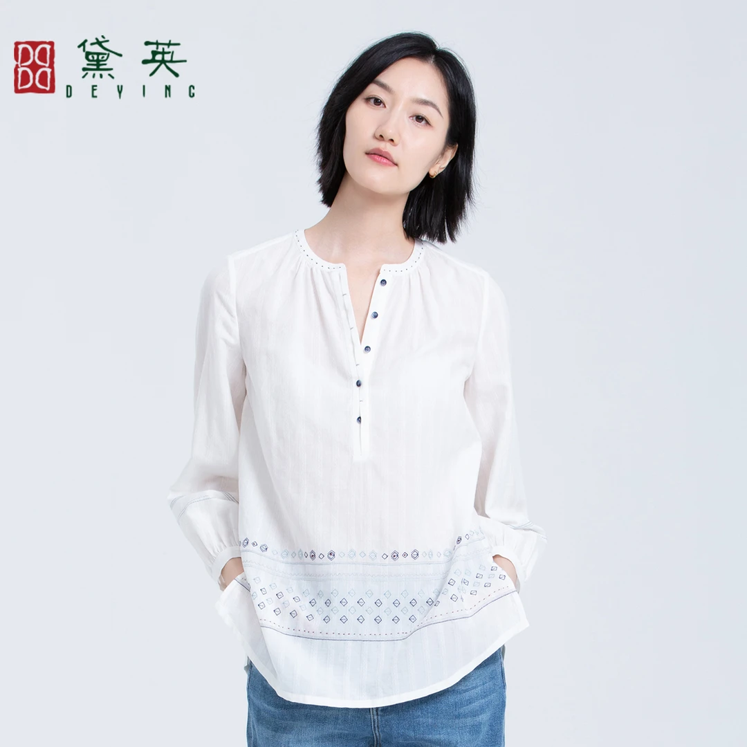 DEYING/黛英刺绣休闲风长袖V领薄款衬衫夏季时尚百搭SAO1143