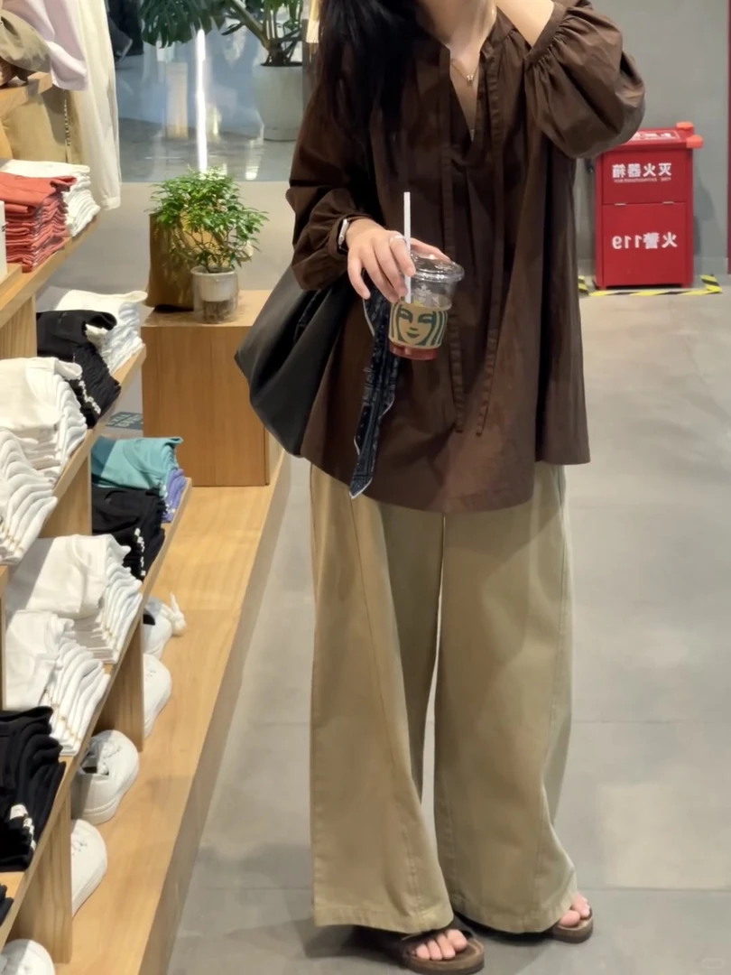 深卡其色廓形百搭休闲长裤女2025秋季新款韩版复古遮肉显瘦直筒裤