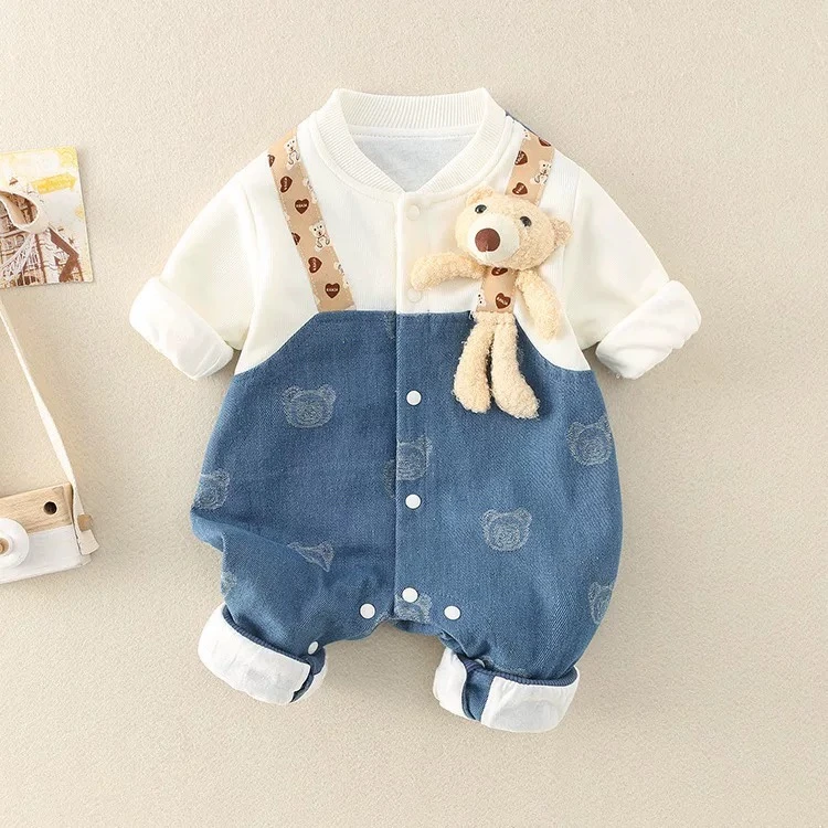 婴幼儿韩版春秋宝宝小熊牛仔洋气可爱连体衣新生儿满月百天哈衣