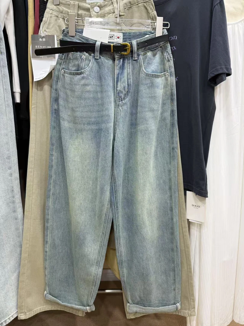 韩单带腰带牛仔老爹裤